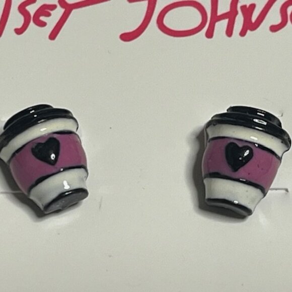 NEW Betsey Johnson Betsey Coffee Cup Stud Earrings Heart Black White Pink - Picture 2 of 7